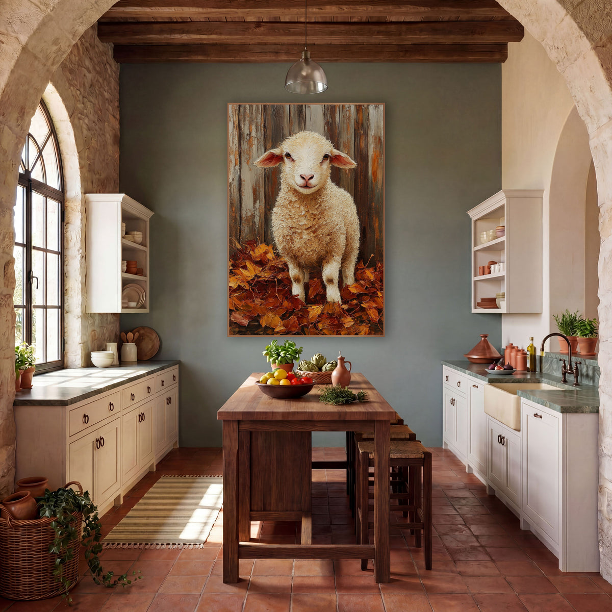 Smiling Lamb Autumn Leaves Farmhouse wall art in a farmhouse-style room – young cream lamb with pink ears standing