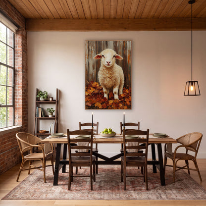 Smiling Lamb Autumn Leaves Farmhouse wall art in a farmhouse-style room – young cream lamb with pink ears standing
