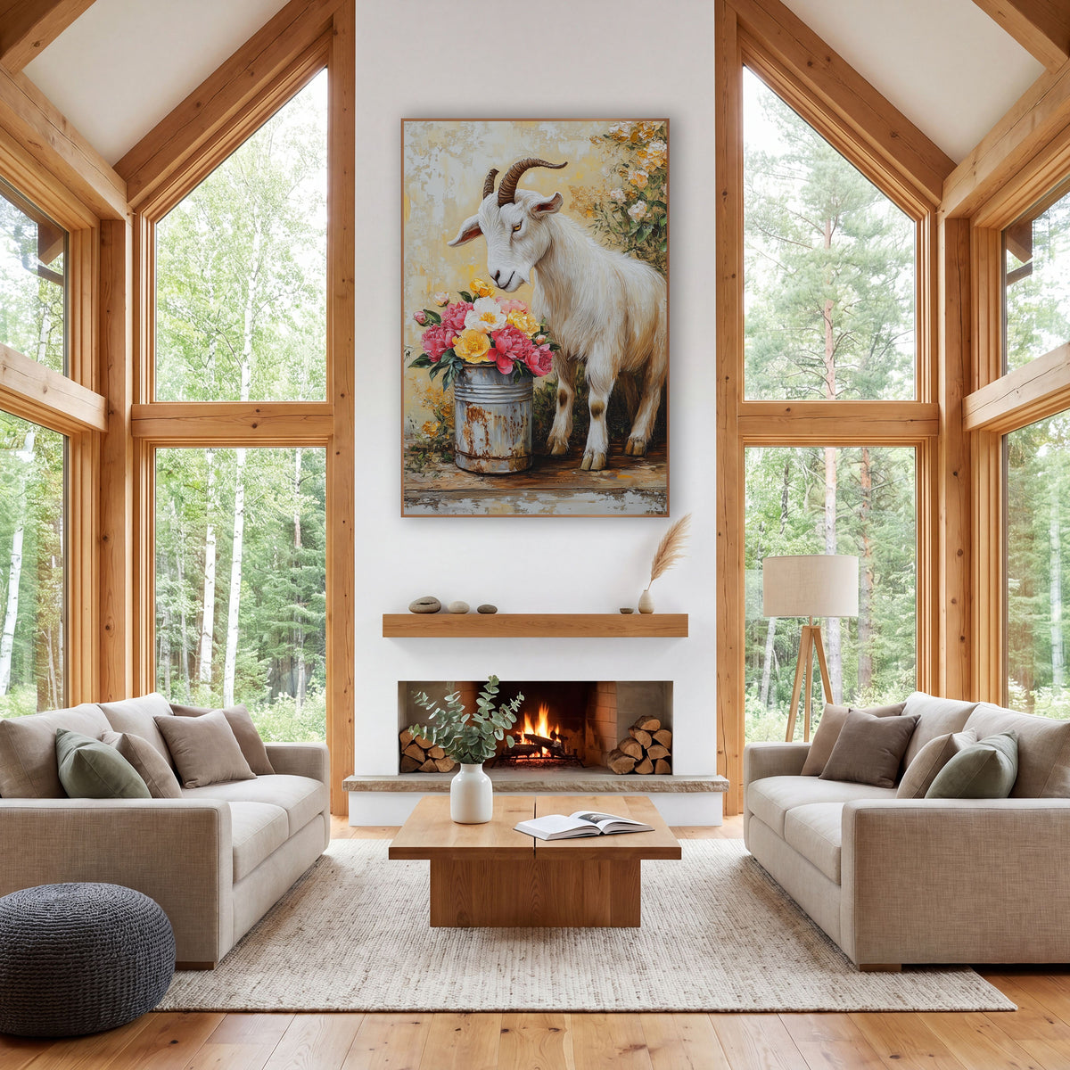 Goat Sniffing Peony Bucket Rustic wall art in a farmhouse-style room – white goat with curved horns sniffing pink