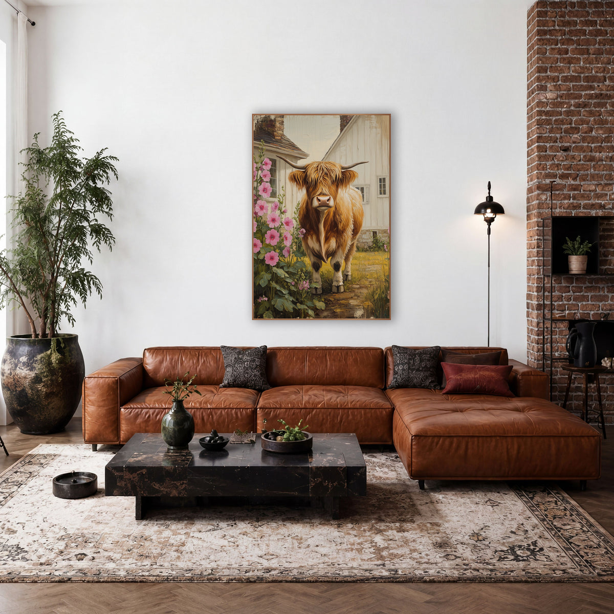 Golden Highland Cow Meadow Path Farmhouse wall art in a farmhouse-style room – ginger Highland cow with long horns