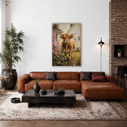 Golden Highland Cow Meadow Path Farmhouse wall art in a farmhouse-style room – ginger Highland cow with long horns