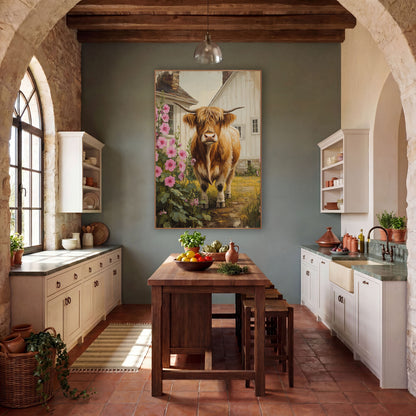 Golden Highland Cow Meadow Path Farmhouse wall art in a farmhouse-style room – ginger Highland cow with long horns