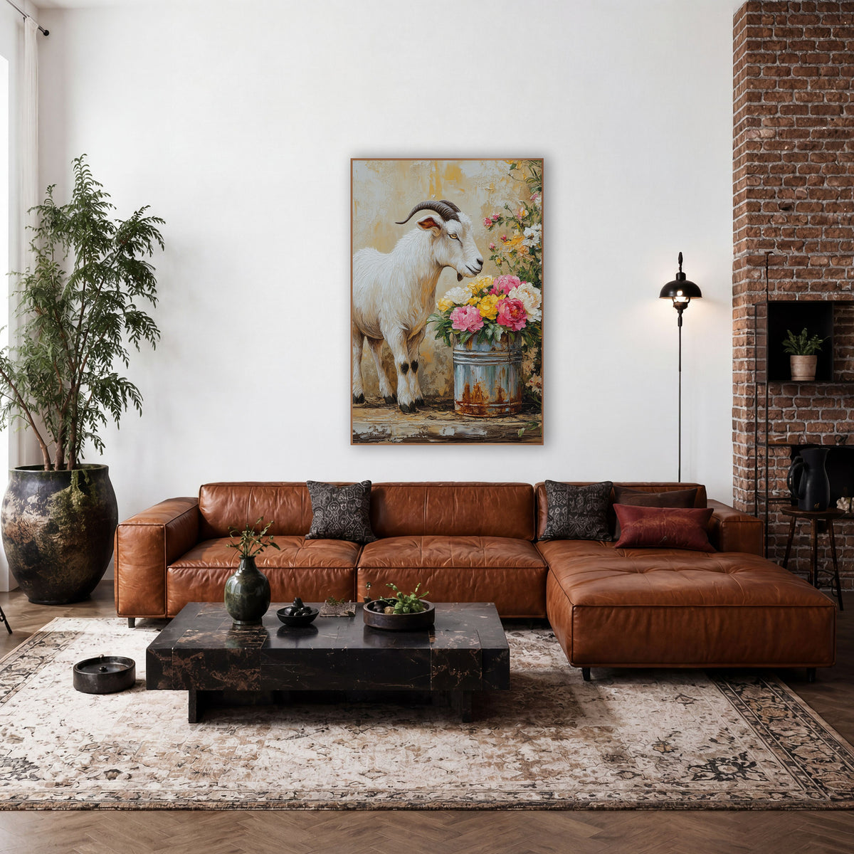 Right-Facing Goat Blue Pail Farmhouse wall art in a farmhouse-style room – white goat with dark curved horns sniffing
