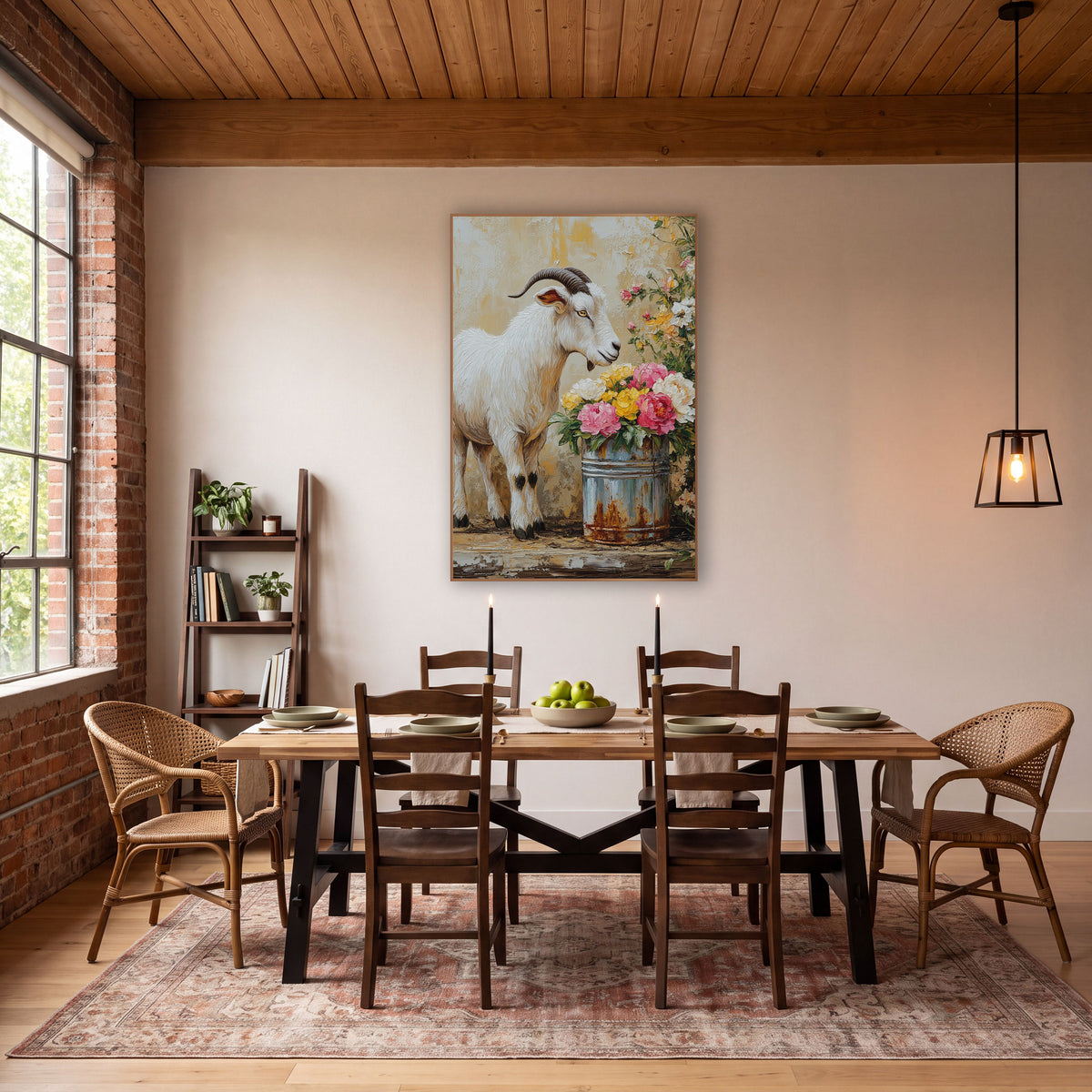 Right-Facing Goat Blue Pail Farmhouse wall art in a farmhouse-style room – white goat with dark curved horns sniffing