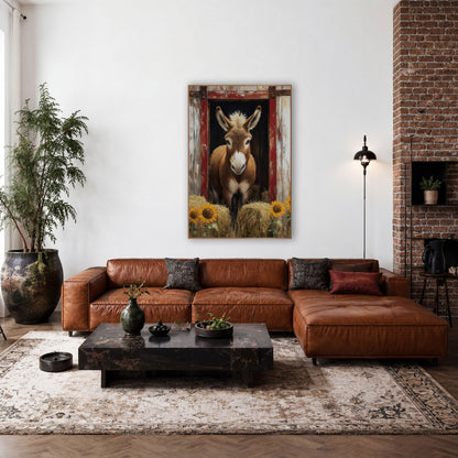 Barn Door Donkey Sunflower Farmhouse wall art in a farmhouse-style room – brown donkey looking out of a red-framed