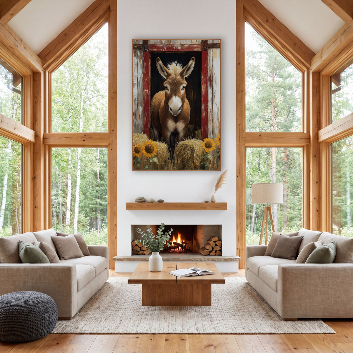 Barn Door Donkey Sunflower Farmhouse wall art in a farmhouse-style room – brown donkey looking out of a red-framed