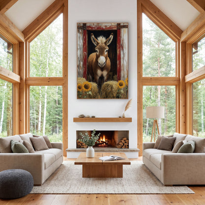 Barn Door Donkey Sunflower Farmhouse wall art in a farmhouse-style room – brown donkey looking out of a red-framed