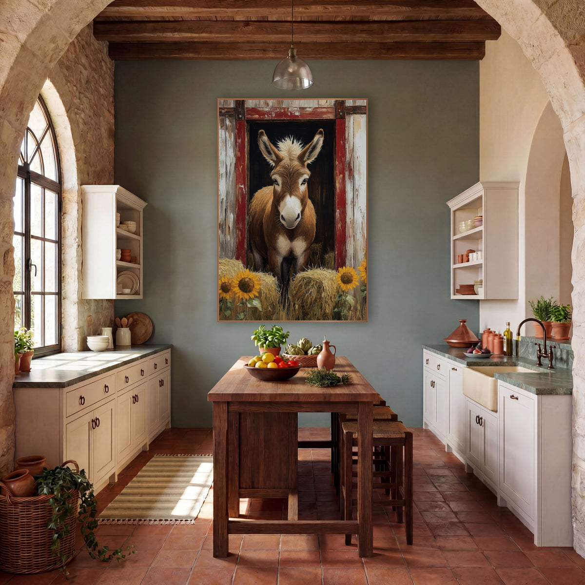 Barn Door Donkey Sunflower Farmhouse wall art in a farmhouse-style room – brown donkey looking out of a red-framed