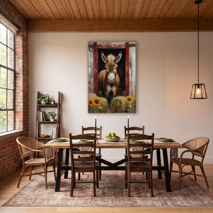 Barn Door Donkey Sunflower Farmhouse wall art in a farmhouse-style room – brown donkey looking out of a red-framed