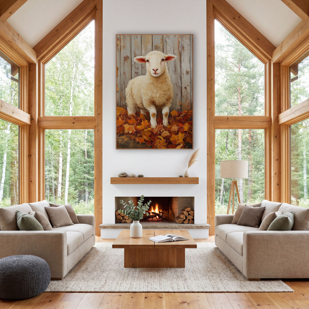 Autumn Lamb Maple Leaves Farmhouse wall art in a farmhouse-style room – cream lamb with coral pink ears standing