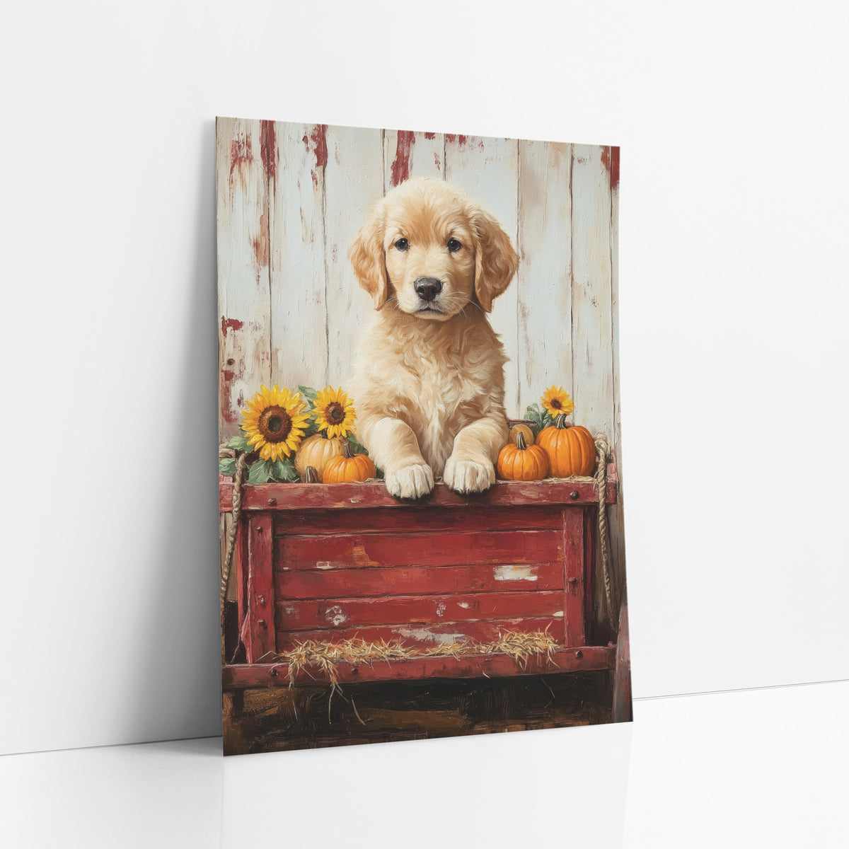 Pumpkin Cart Puppy Bright Country art print leaning against a white wall – golden puppy resting paws on a red wooden wagon
