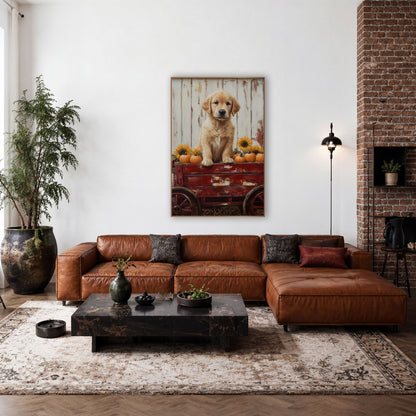 Golden Puppy Red Wagon Farmhouse wall art in a farmhouse-style room – golden puppy sitting on a red wooden wagon