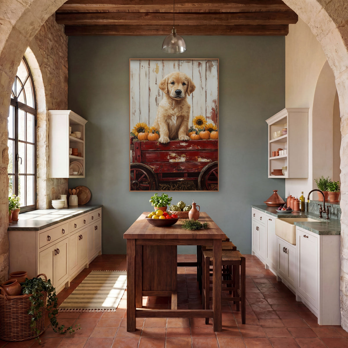 Golden Puppy Red Wagon Farmhouse wall art in a farmhouse-style room – golden puppy sitting on a red wooden wagon