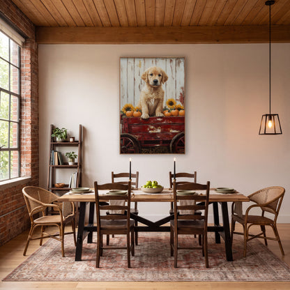 Golden Puppy Red Wagon Farmhouse wall art in a farmhouse-style room – golden puppy sitting on a red wooden wagon