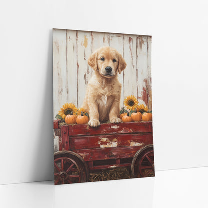 Golden Puppy Red Wagon Farmhouse art print leaning against a white wall – golden puppy sitting on a red wooden wagon