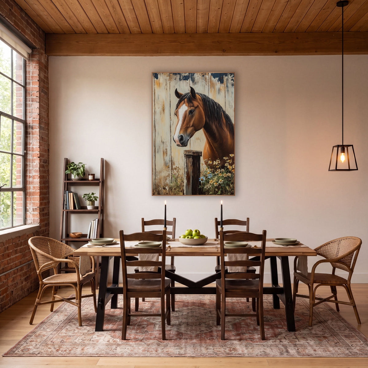 Bay Horse Daisy Cluster Farmhouse wall art in a farmhouse-style room – bay horse with white blaze beside a wooden post
