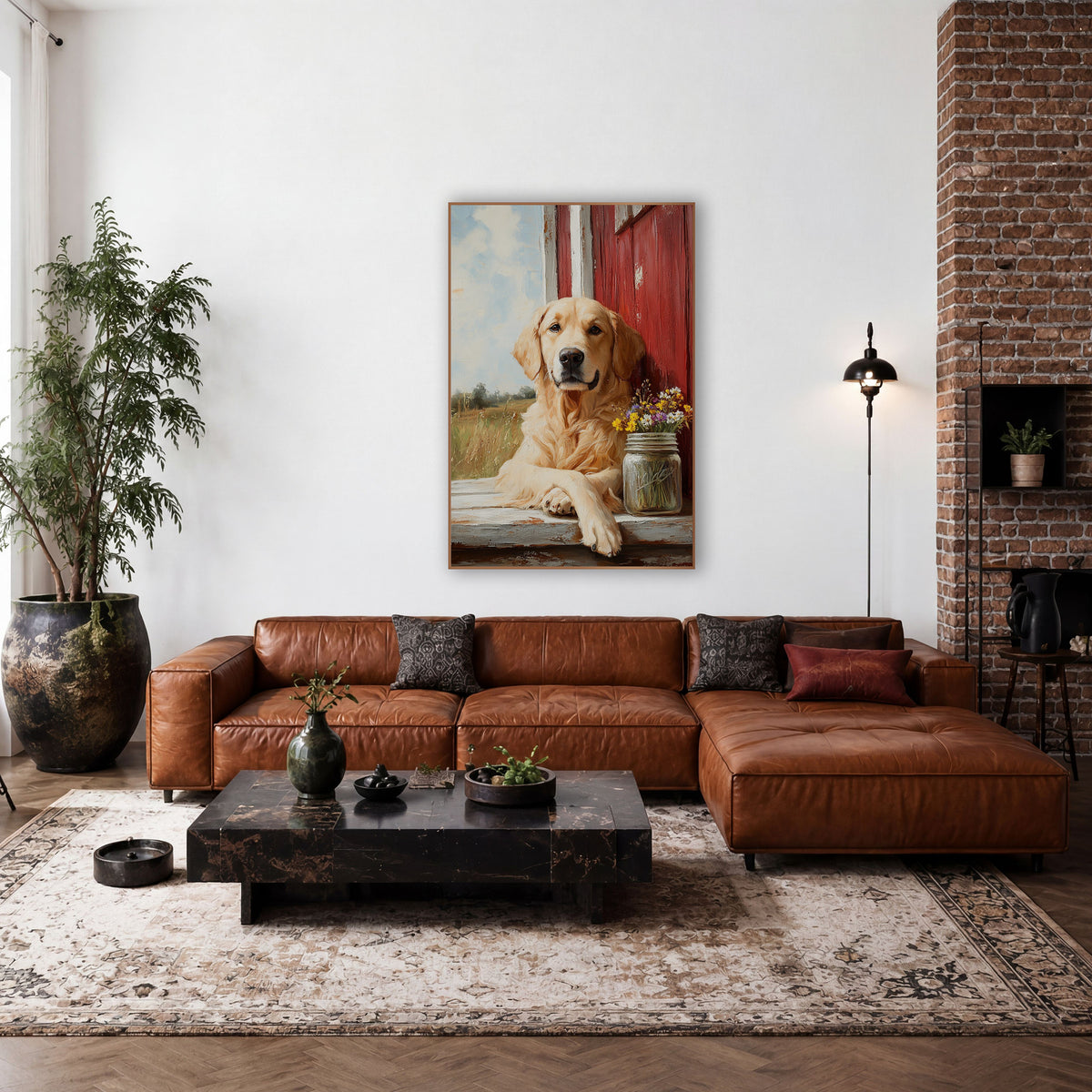 Golden Dog Red Barn Farmhouse wall art in a farmhouse-style room – cream-colored dog resting on a weathered ledge