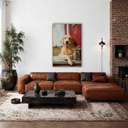 Golden Dog Red Barn Farmhouse wall art in a farmhouse-style room – cream-colored dog resting on a weathered ledge