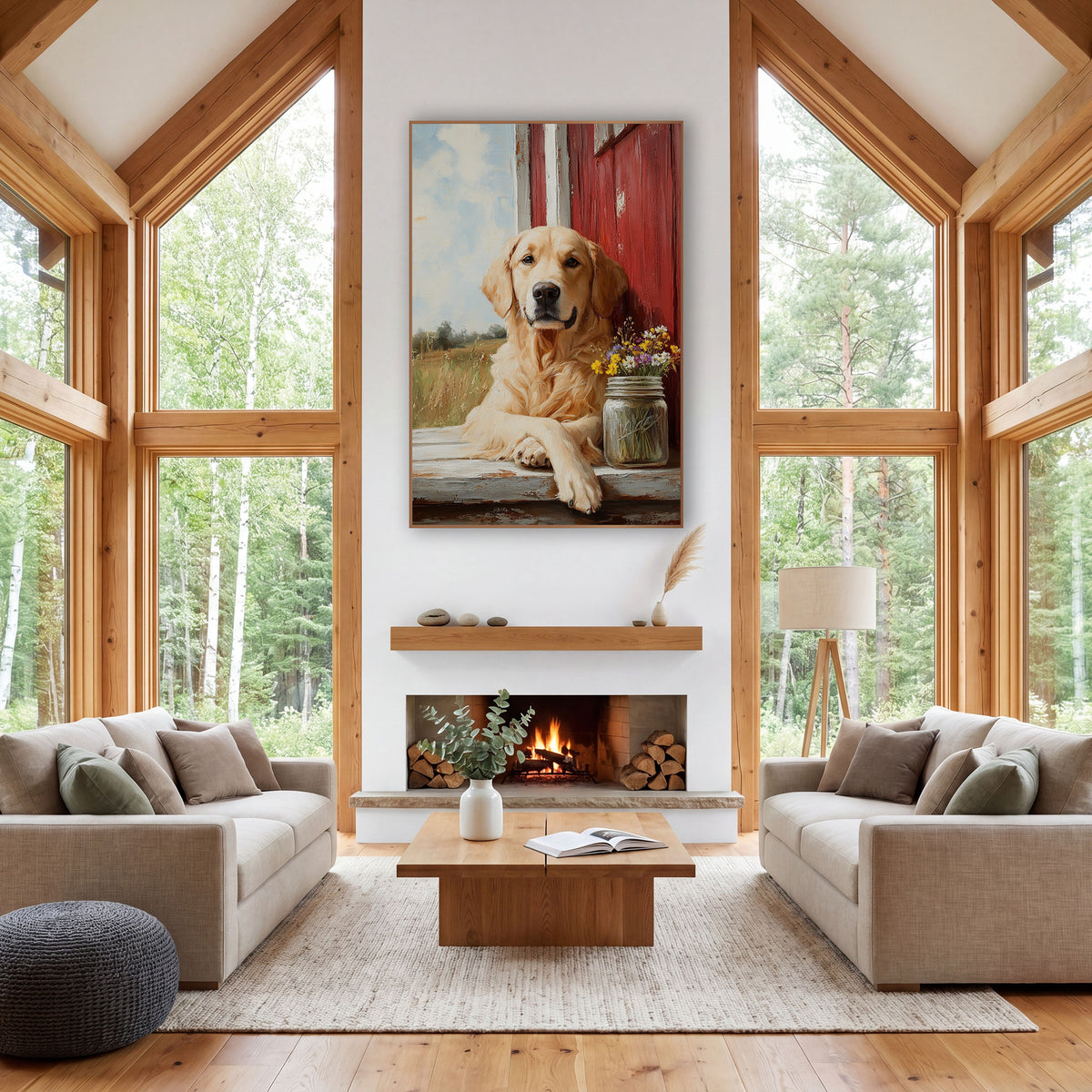Golden Dog Red Barn Farmhouse wall art in a farmhouse-style room – cream-colored dog resting on a weathered ledge