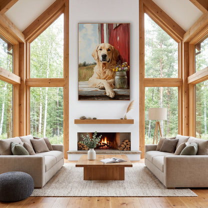 Golden Dog Red Barn Farmhouse wall art in a farmhouse-style room – cream-colored dog resting on a weathered ledge