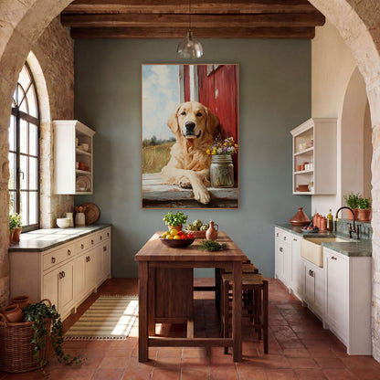 Golden Dog Red Barn Farmhouse wall art in a farmhouse-style room – cream-colored dog resting on a weathered ledge