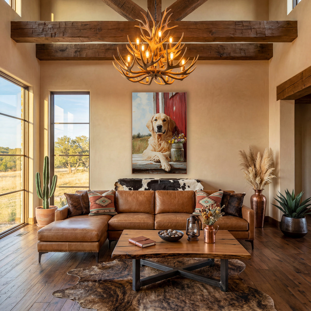 Golden Dog Red Barn Farmhouse wall art in a farmhouse-style room – cream-colored dog resting on a weathered ledge