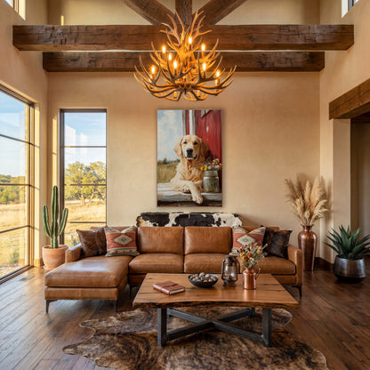Golden Dog Red Barn Farmhouse wall art in a farmhouse-style room – cream-colored dog resting on a weathered ledge