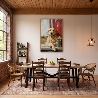 Golden Dog Red Barn Farmhouse wall art in a farmhouse-style room – cream-colored dog resting on a weathered ledge