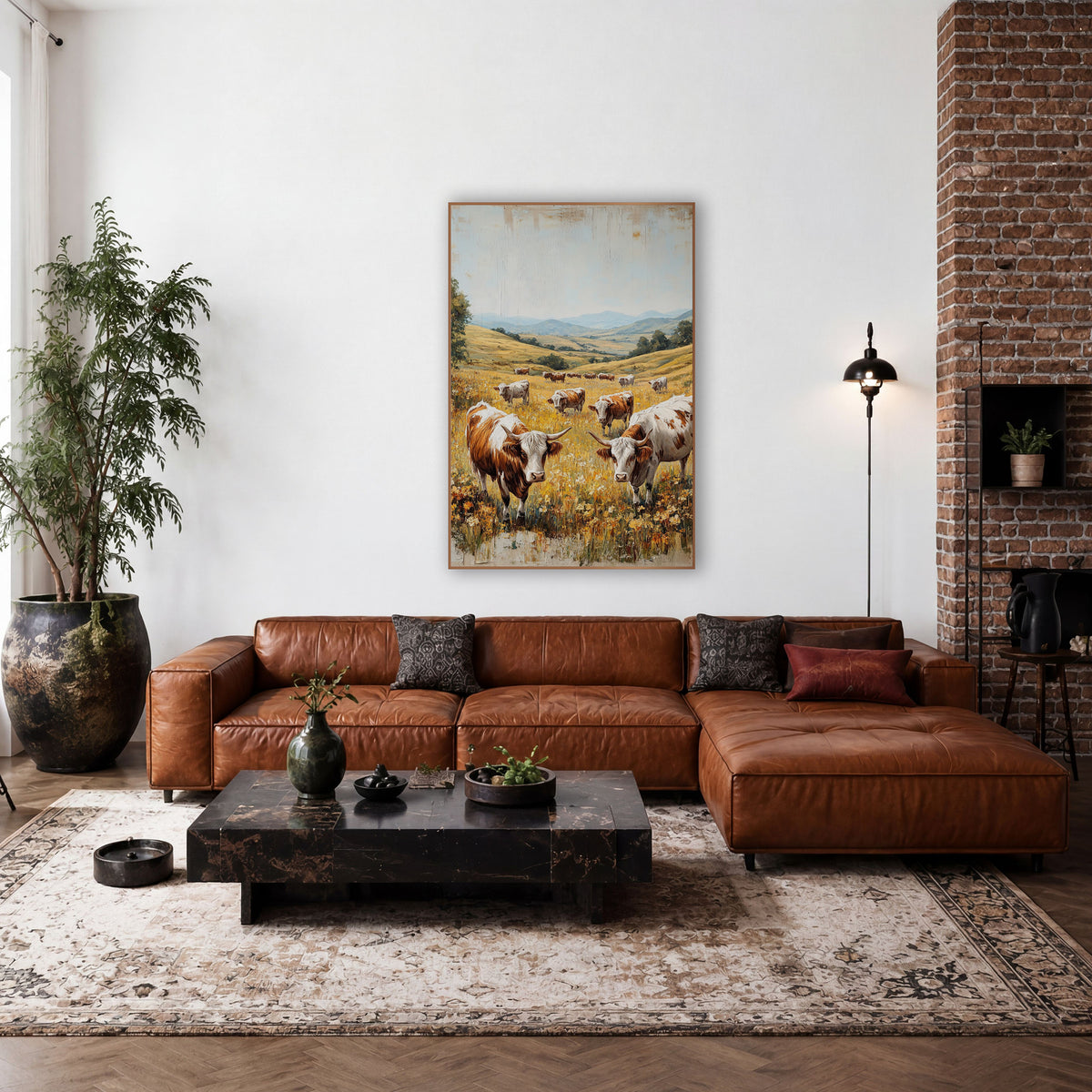 Golden Meadow Cattle Pasture Landscape wall art in a farmhouse-style room – brown and white horned cattle grazing