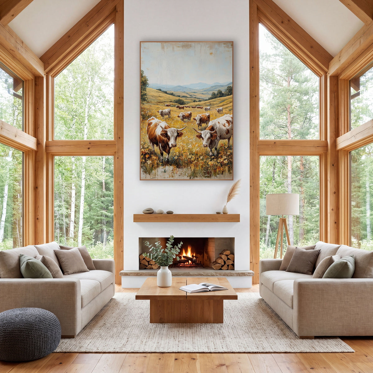 Golden Meadow Cattle Pasture Landscape wall art in a farmhouse-style room – brown and white horned cattle grazing