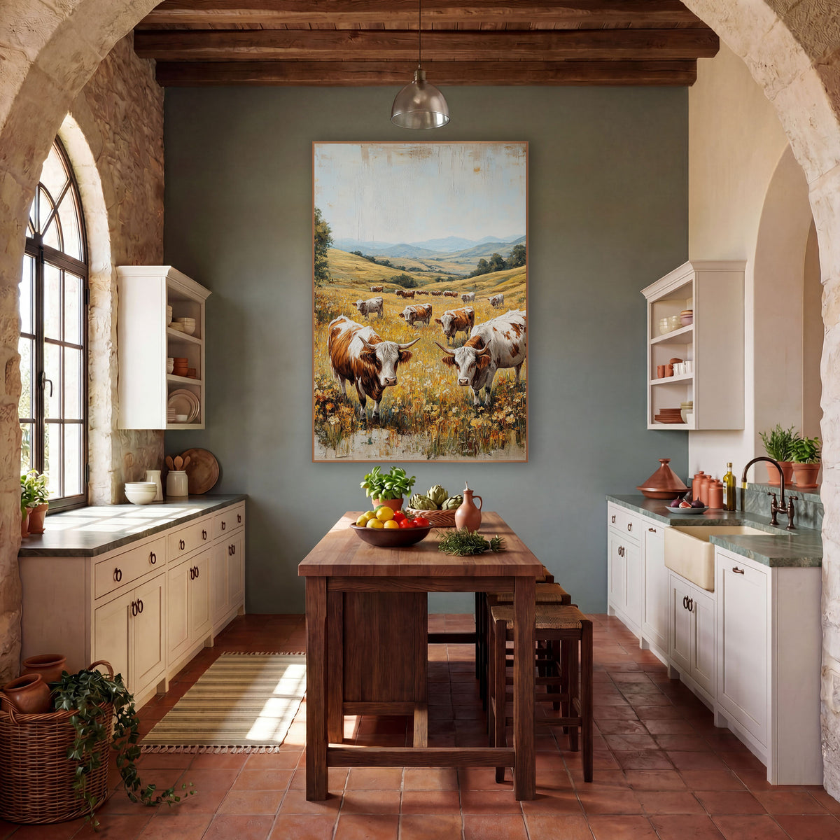 Golden Meadow Cattle Pasture Landscape wall art in a farmhouse-style room – brown and white horned cattle grazing