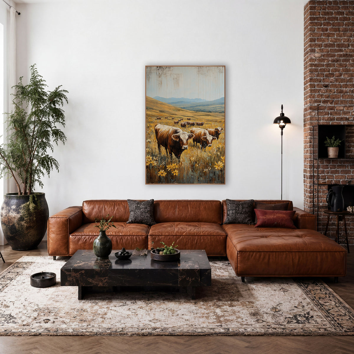 Golden Meadow Cattle Farmhouse wall art in a farmhouse-style room – brown cattle grazing in a field of yellow