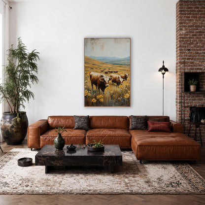 Golden Meadow Cattle Farmhouse wall art in a farmhouse-style room – brown cattle grazing in a field of yellow