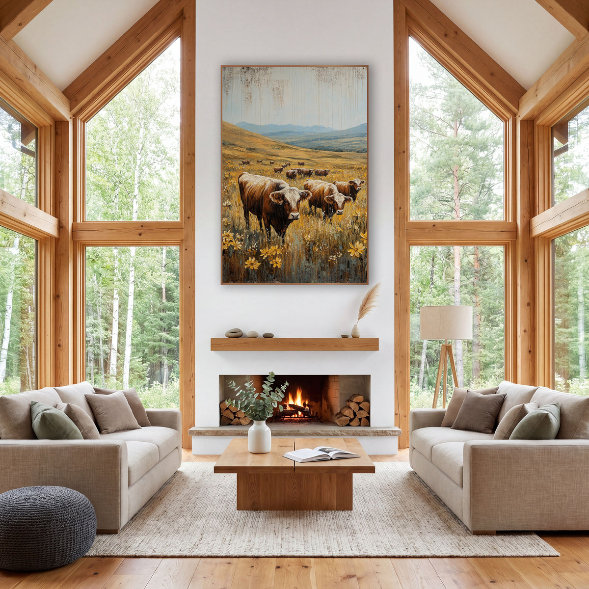Golden Meadow Cattle Farmhouse wall art in a farmhouse-style room – brown cattle grazing in a field of yellow