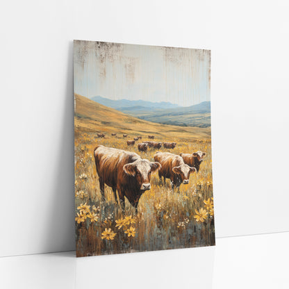 Golden Meadow Cattle Farmhouse art print leaning against a white wall – brown cattle grazing in a field of yellow wildflowers