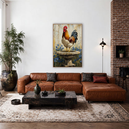 Rooster On Birdbath Farmhouse wall art in a farmhouse-style room – rooster with red comb and blue tail standing