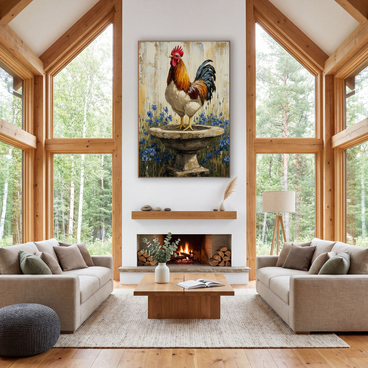 Rooster On Birdbath Farmhouse wall art in a farmhouse-style room – rooster with red comb and blue tail standing