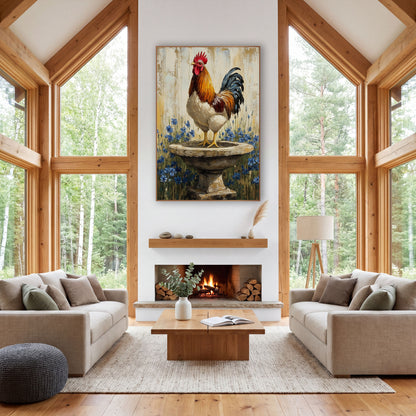 Rooster On Birdbath Farmhouse wall art in a farmhouse-style room – rooster with red comb and blue tail standing