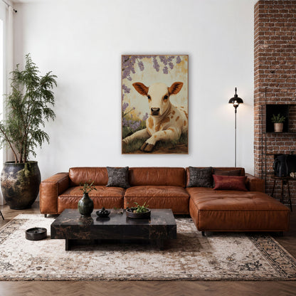 Spotted Cream Calf Hanging Lilacs Vintage wall art in a farmhouse-style room – cream calf with caramel patches lying