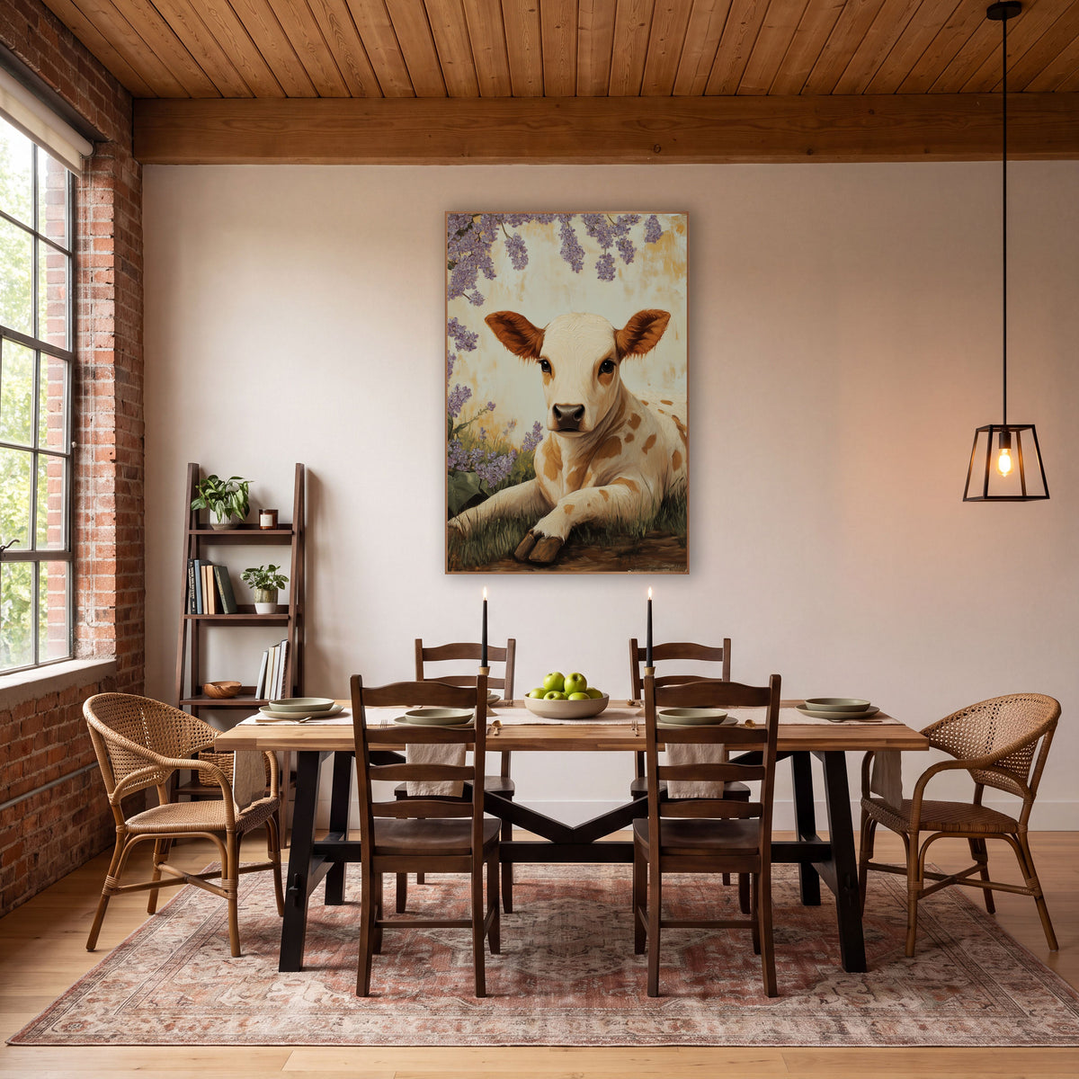 Spotted Cream Calf Hanging Lilacs Vintage wall art in a farmhouse-style room – cream calf with caramel patches lying