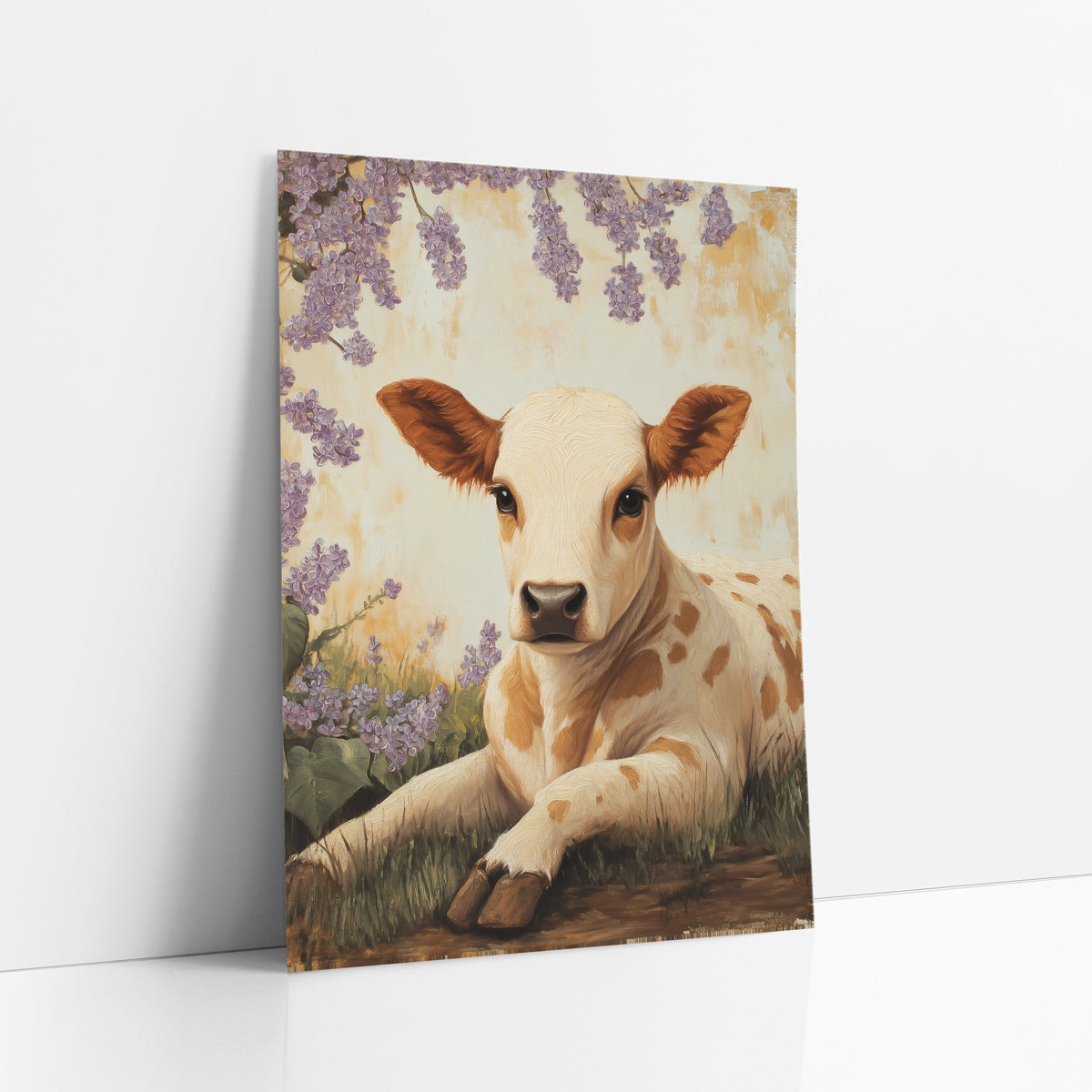 Spotted Cream Calf Hanging Lilacs Vintage art print leaning against a white wall – cream calf with caramel patches lying