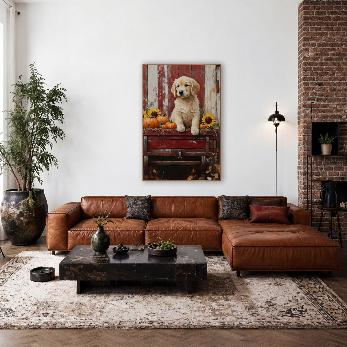 Golden Retriever Puppy Harvest Farmhouse wall art in a farmhouse-style room – golden retriever puppy on a red wooden