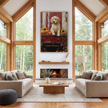 Golden Retriever Puppy Harvest Farmhouse wall art in a farmhouse-style room – golden retriever puppy on a red wooden
