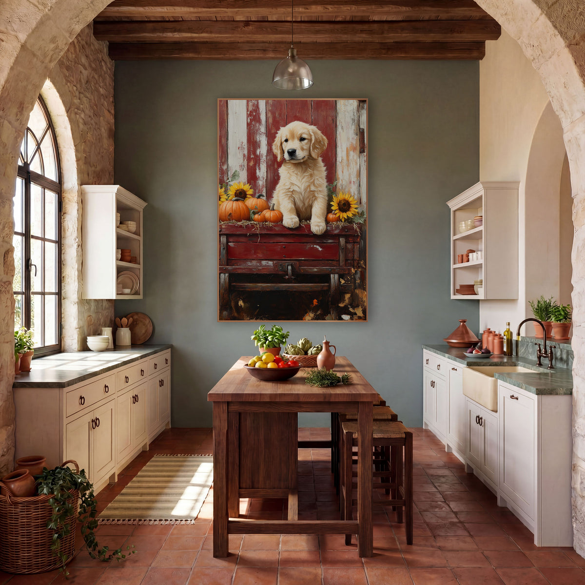 Golden Retriever Puppy Harvest Farmhouse wall art in a farmhouse-style room – golden retriever puppy on a red wooden