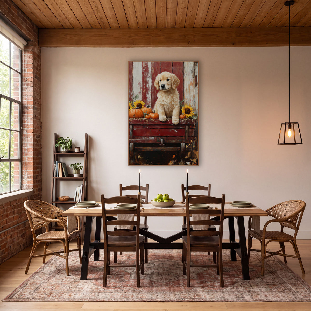 Golden Retriever Puppy Harvest Farmhouse wall art in a farmhouse-style room – golden retriever puppy on a red wooden