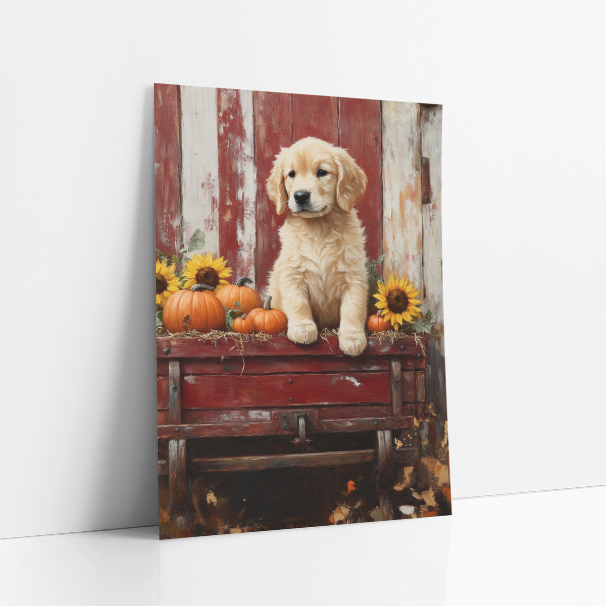 Golden Retriever Puppy Harvest Farmhouse art print leaning against a white wall – golden retriever puppy on a red wooden