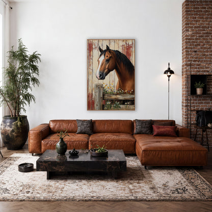 Bay Horse Weathered Barnwood Farmhouse wall art in a farmhouse-style room – bay horse with white facial stripe