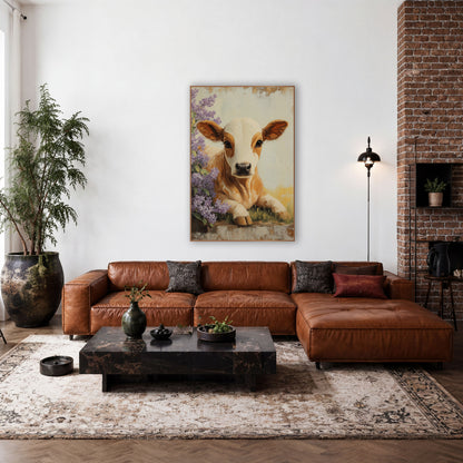 Caramel White Calf Lilac Bush Rustic wall art in a farmhouse-style room – tan and cream calf lying in grass