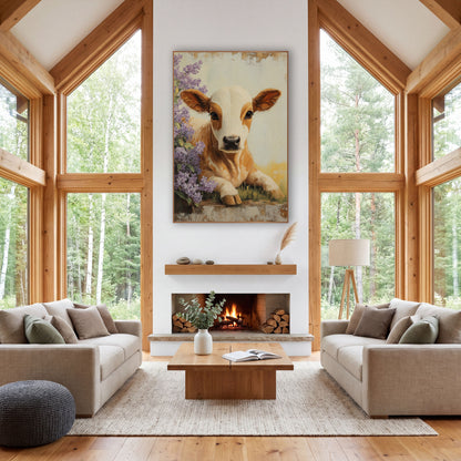 Caramel White Calf Lilac Bush Rustic wall art in a farmhouse-style room – tan and cream calf lying in grass