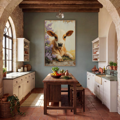Caramel White Calf Lilac Bush Rustic wall art in a farmhouse-style room – tan and cream calf lying in grass
